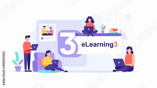 People learning and working remotely on laptops in a digital environment