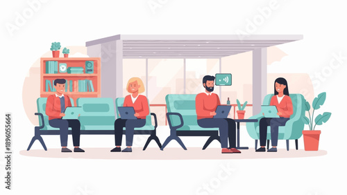 People in a bright, modern lounge area using laptops and tablets