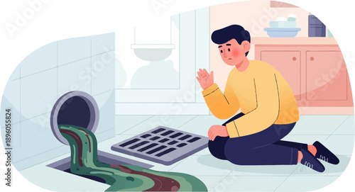 Man distressed by overflowing sewer with dirty water spilling out