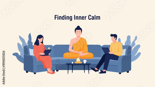 People meditating and using laptops on a couch