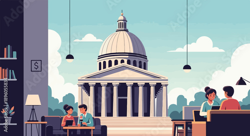 People meeting at a cafe with a capitol building in the background