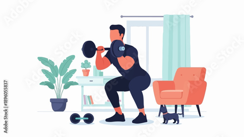 Man doing a barbell squat in a room with plants and a dog