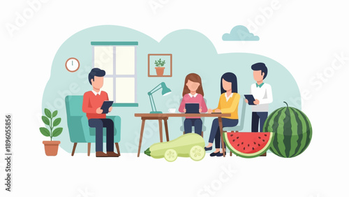 People meeting at a desk with fruits and vegetables around them