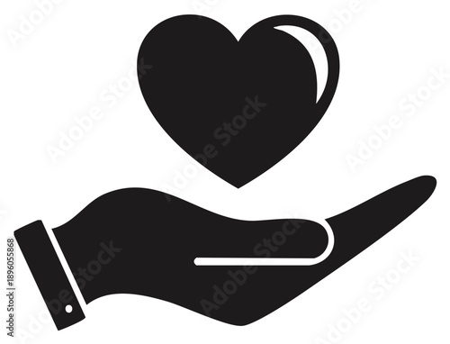 Black heart hovering above an open hand symbol