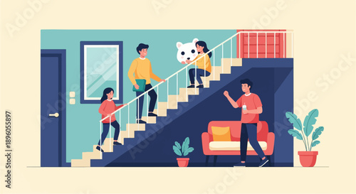 People moving around a multi-level home, one carrying a stuffed animal