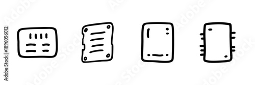 Four Computer Chip Line Icons In Doodle Style. Microprocessor, Circuit Board, And Technology Components Outline Sketch Collection. Hand Drawn Isolated Vector Illustration