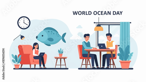 People observing World Ocean Day with a fish and indoor plants