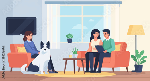 People in a living room with a dog and plants, discussing something