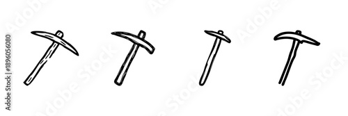 Pickaxe Line Icon Set In Doodle Style. Mining, Excavation, And Construction Tools Outline Sketch Collection. Hand Drawn Isolated Vector Illustration