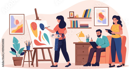 People creating art in a colorful studio, painting and drawing