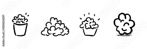 Popcorn Line Icon Set In Doodle Style. Snack, Movie Time, And Entertainment Outline Sketch Collection. Hand Drawn Isolated Vector Illustration