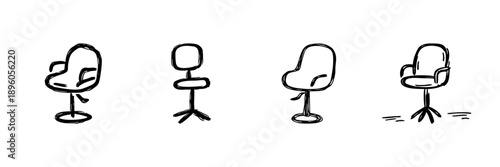 Office Chair Line Icon Set In Doodle Style. Ergonomic Seating, Adjustable Swivel Chairs, And Workspace Comfort Outline Sketch Collection. Hand Drawn Isolated Vector Illustration
