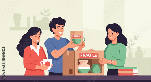 People packing fragile items in boxes