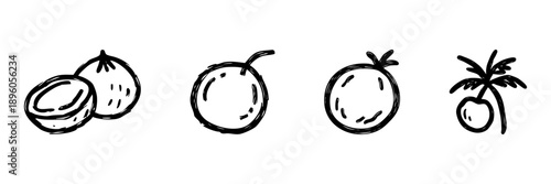 Coconut And Tropical Fruit Line Icon Set In Doodle Style. Exotic Fruit, Nutrition, And Tropical Agriculture Outline Sketch Collection. Hand Drawn Isolated Vector Illustration