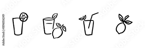 Lemonade And Citrus Drink Line Icon Set In Doodle Style. Refreshing Beverage, Summer Drink, And Citrus Fruit Outline Sketch Collection. Hand Drawn Isolated Vector Illustration
