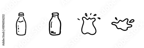 Milk Bottle And Splash Line Icon Set In Doodle Style. Dairy Product, Beverage Consumption, And Spillage Representation Outline Sketch Collection. Hand Drawn Isolated Vector Illustration