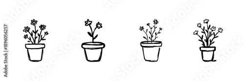 Potted Flower Plants Line Icon Set In Doodle Style. Home Gardening, Indoor Plant Care, And Floral Decoration Outline Sketch Collection. Hand Drawn Isolated Vector Illustration