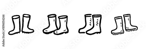 Rubber Boots Line Icon Set In Doodle Style. Outdoor Footwear, Rain Protection, And Gardening Gear Outline Sketch Collection. Hand Drawn Isolated Vector Illustration