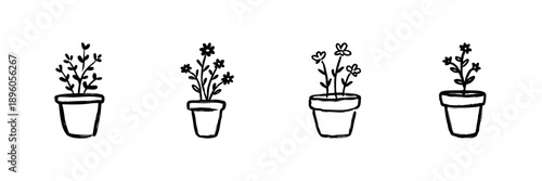Potted Plants Line Icon Set In Doodle Style. Indoor Gardening, Home Decor, And Plant Care Outline Sketch Collection. Botanical Illustration. Hand Drawn Isolated Vector Illustration