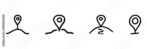 Map Location Pin Line Icon Set In Doodle Style. Navigation, Gps, And Geolocation Tracking Outline Sketch Collection. Hand Drawn Isolated Vector Illustration