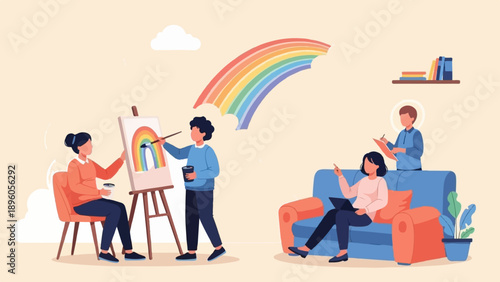 People painting a rainbow and working on a couch with books