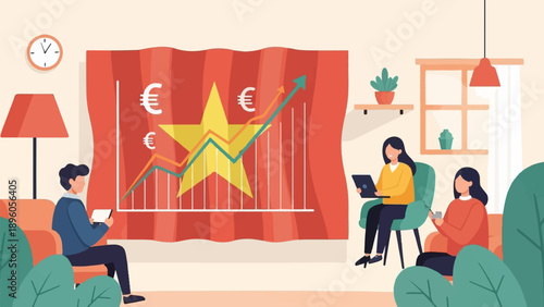 People in a modern living room observe a growth chart on a flag