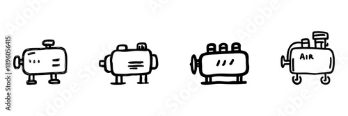 Air Compressor Line Icon Set In Doodle Style. Industrial Equipment And Pneumatic Tools Outline Sketch Collection. Mechanical Engineering And Workshop Tools. Hand Drawn Isolated Vector Illustration