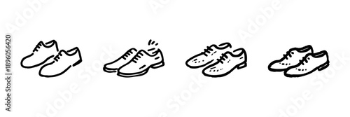Men'S Dress Shoes Line Icon Set In Doodle Style. Formal Footwear, Fashion, And Style Outline Sketch Collection. Business And Casual Attire. Hand Drawn Isolated Vector Illustration