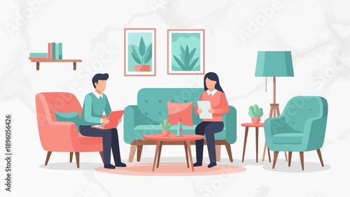 People in a modern living room with teal and coral furniture