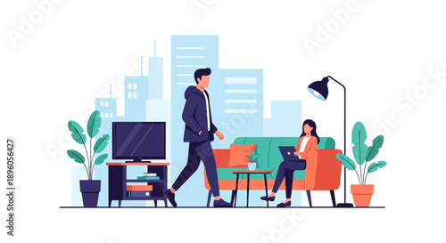 People in a modern urban living space with plants and city skyline