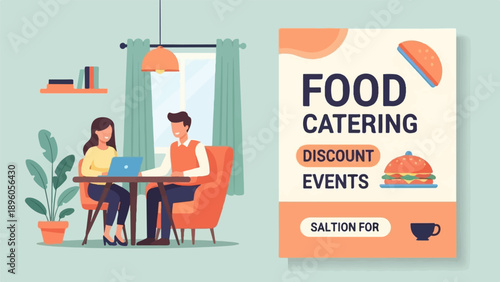 People planning catering for events, promoting food services and discounts
