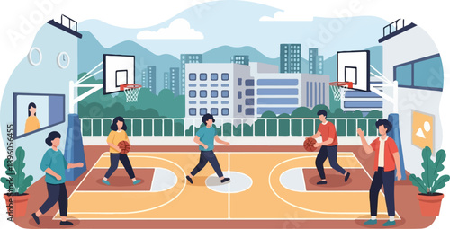People playing basketball on an outdoor court with city buildings in the background