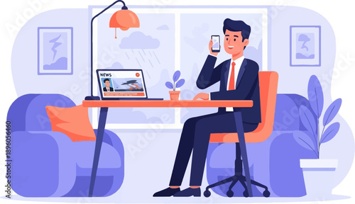 Man in suit on phone at desk with laptop, news displayed