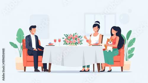People dining together with a dog and flowers, enjoying a meal