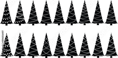 Christmas tree silhouette collection, decorated pine trees, holiday ornaments patterns, black white festive vector illustration set, icons backgroundsChristmas tree silhouette collection, decorated pi
