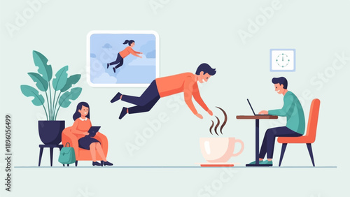 People in a relaxed work environment with a floating person, a reader, and a laptop user