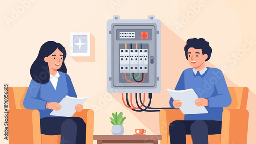 People discussing electrical panel in a room with furniture and decor