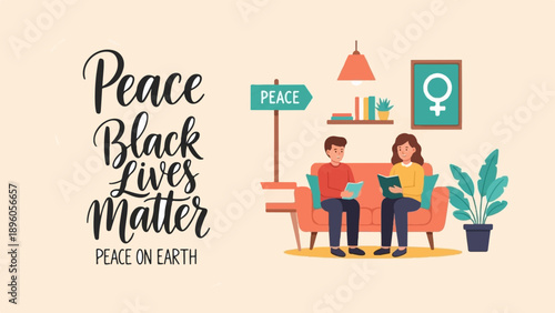 People read books near "Peace Black Lives Matter" text and a sign