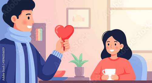 Man offers heart to woman holding mug in cozy room