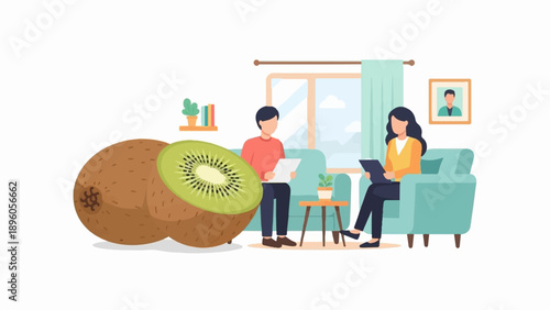 People discussing kiwifruit in a living room setting with large fruit