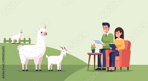 People reading and animals in a serene rural setting