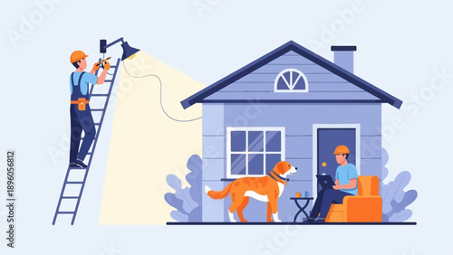 Man on ladder installs light, another man works on laptop, dog waits