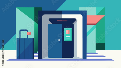 Modern hotel entrance with self check-in kiosk and suitcase in flat geometric style