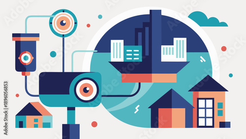 Surveillance cameras monitoring smart city buildings in flat futuristic style