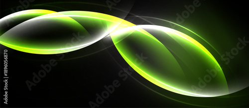 Abstract glowing shapes overlap, creating dynamic visual effect. Bright neon green contrasts against dark background. Smooth curves suggest movement.