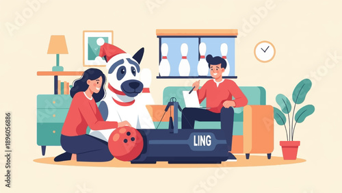 People, dog, bowling machine, and bowling pins in a cozy room