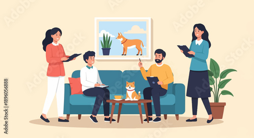 People in a room with pets, discussing, with a dog painting on wall