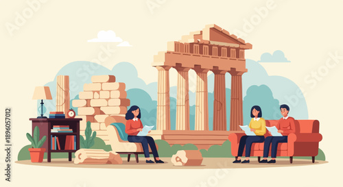 People relax and read amidst ancient ruins and a grand temple