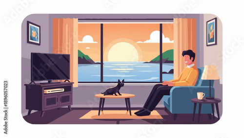 Man relaxes indoors watching sunset over the ocean with his pet cat