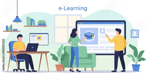 People engaged in online learning with laptops and screens showing educational content